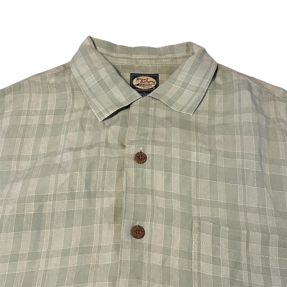 Tommy Bahama Mens Sage Green Plaid Linen Loop Collar Button Down Camp Shirt M